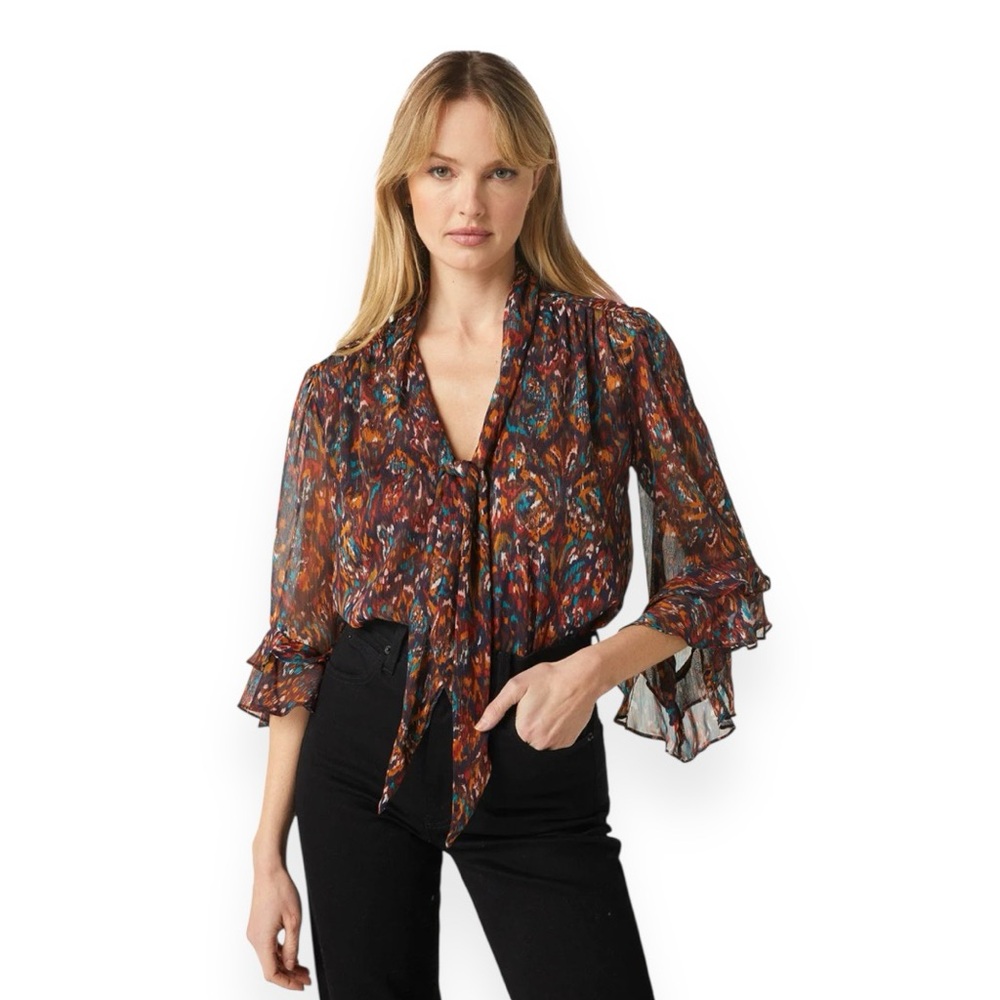 NWOT MISA Los Angeles Gigi Peacock Print Chiffon Top – XS